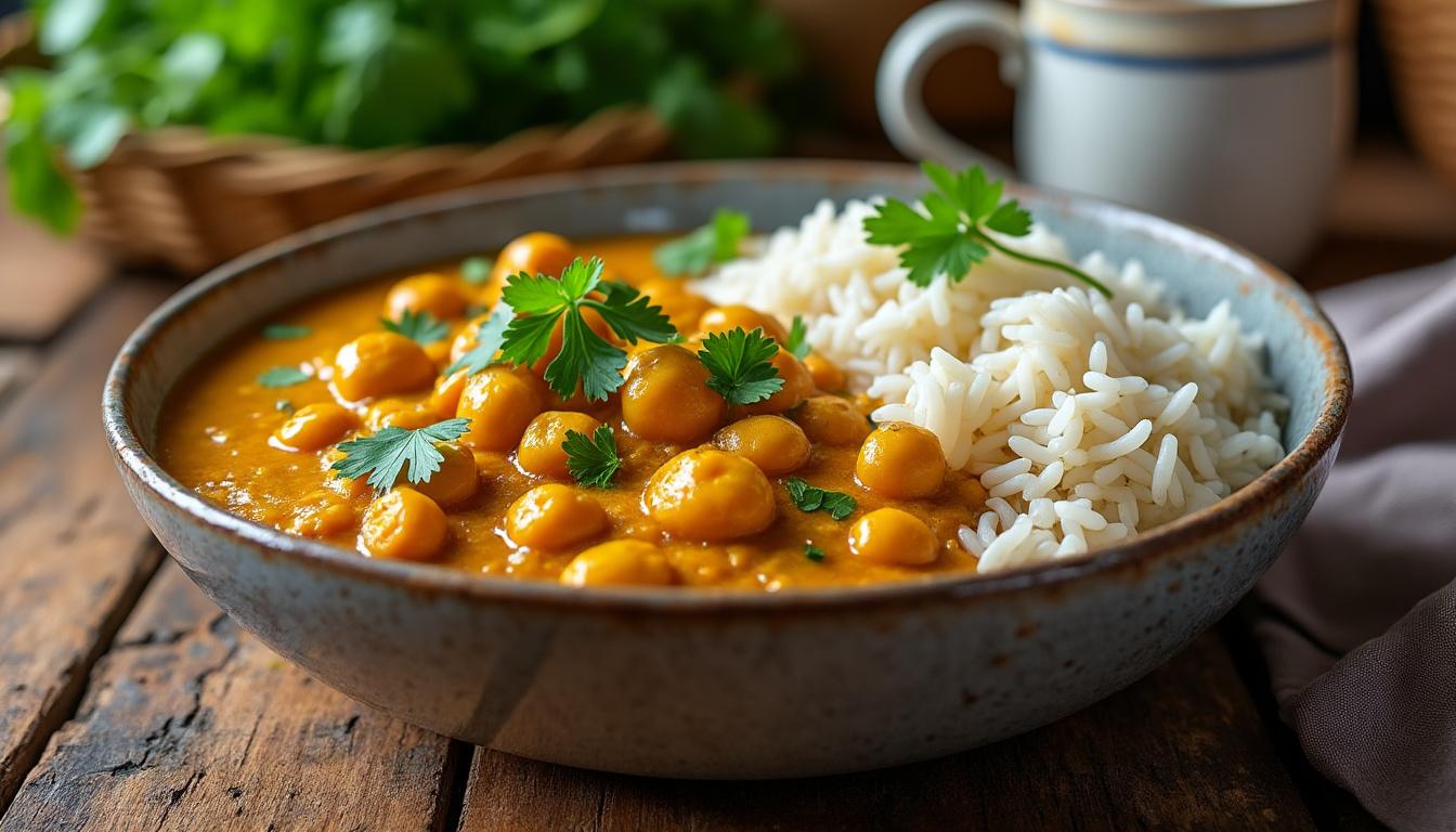 découvrez notre recette de curry de pois chiches protéiné, un plat réconfortant et savoureux, riche en nutriments essentiels pour une alimentation saine et équilibrée.