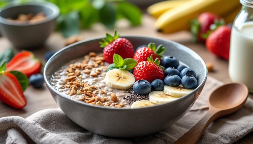 découvrez notre porridge protéiné vegan, un petit-déjeuner sain, nourrissant et rapide à préparer en seulement 5 minutes pour bien démarrer la journée.