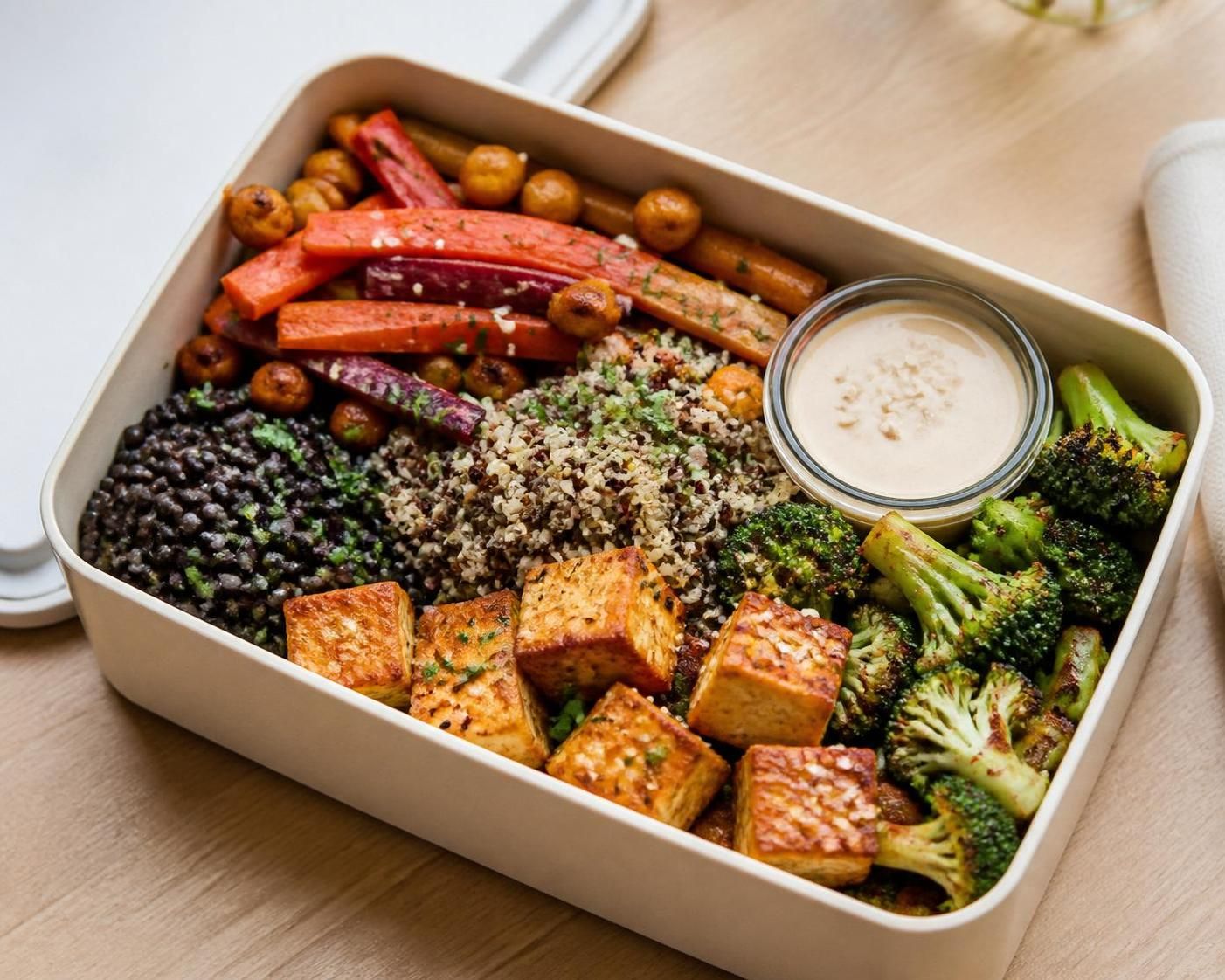 découvrez notre lunchbox vegan riche en protéines, idéale pour un repas sain, équilibré et énergisant à emporter partout.